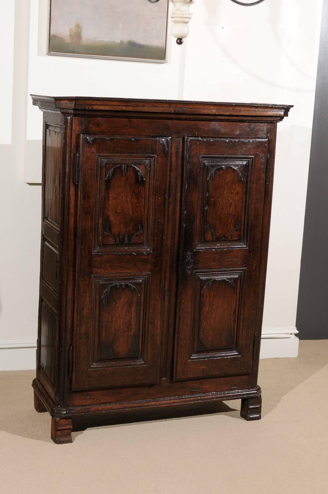19th Century French Armoire in Oak, circa 1800 with Carved Doors and Two Interior Shelves For Sale