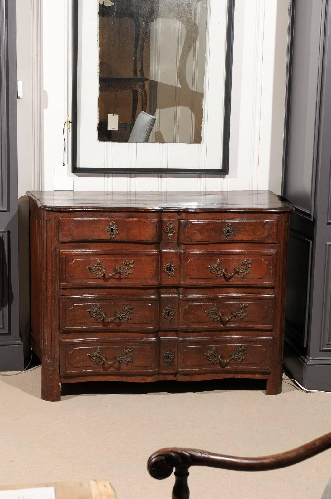 19th Century French Walnut Commode or Chest, Carved Drawers, Original Hardware, circa 1800 For Sale