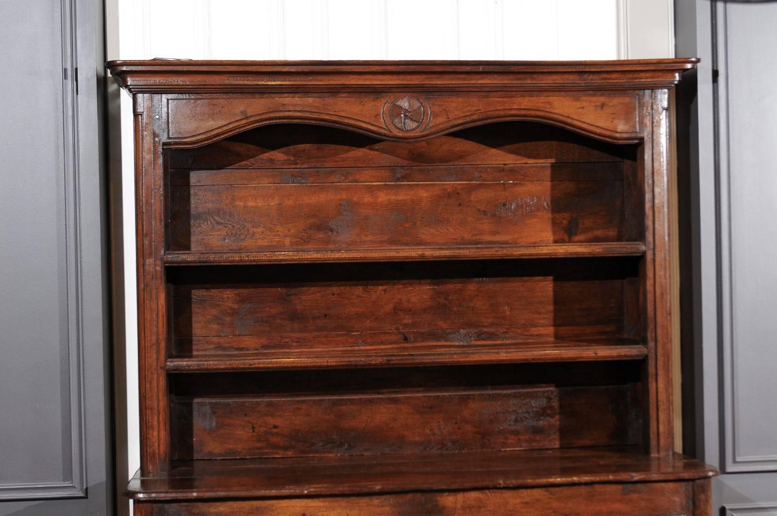 French Oak Buffet Vaisselier or Display Case with Carved Doors, Two Top Shelves In Good Condition For Sale In Atlanta, GA