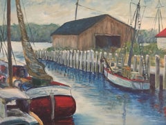 Large Midcentury Acrylic Painting of Waterfront Boating Scene