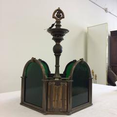 Bronze Green Slag Glass Hanging Light