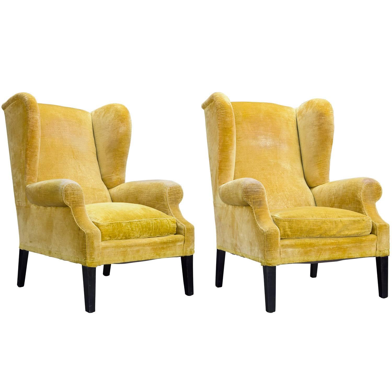 Pair of Yellow Velvet Wingback Armchairs, circa 1950