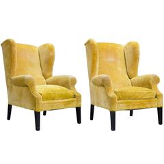 Pair of Yellow Velvet Wingback Armchairs, circa 1950