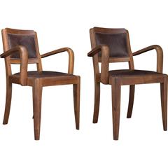 Pair of Leather and Wood Side Chairs, circa 1940