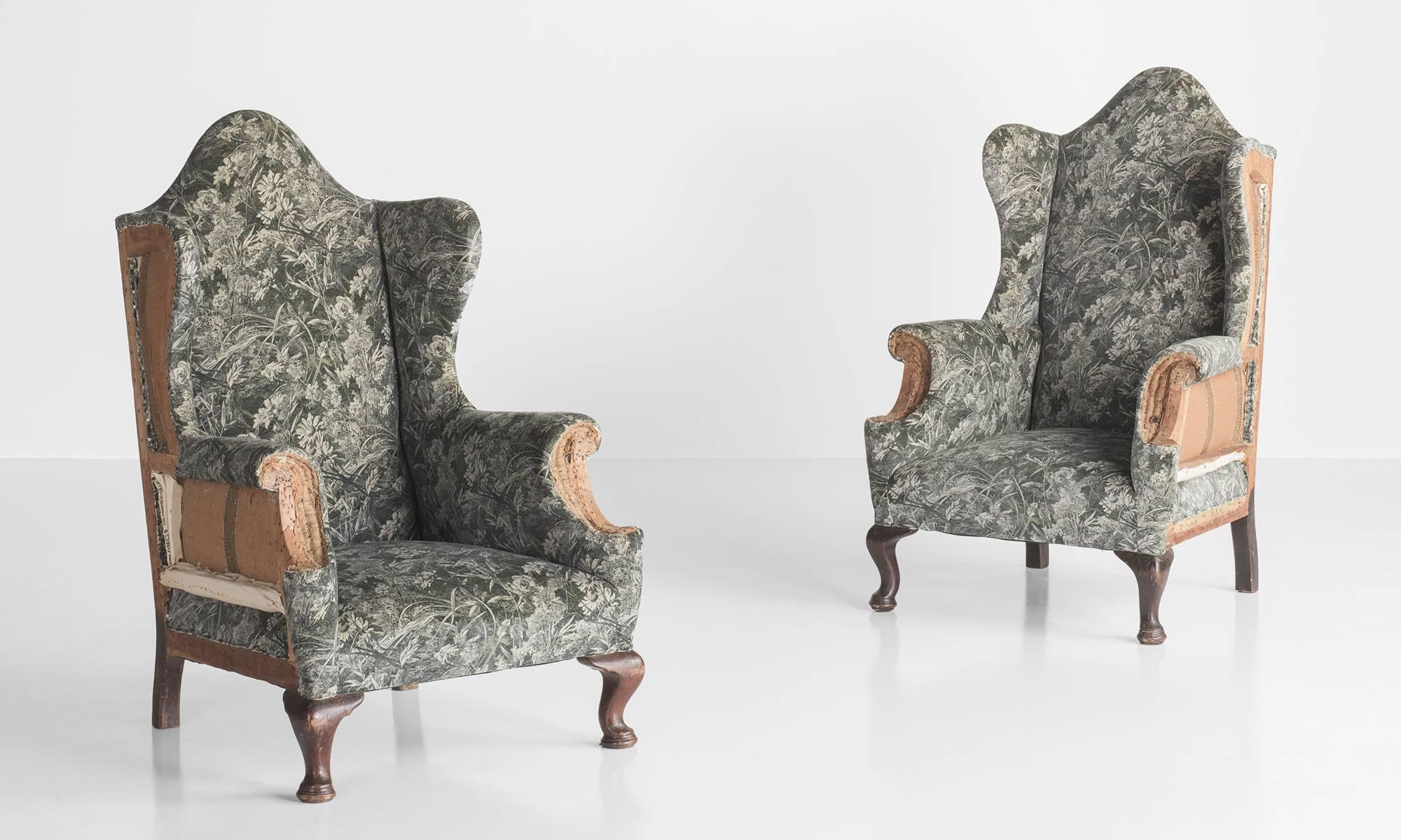 Victorian velvet and wood wingchairs, circa 1890.

Newly reupholstered in Liberty of London velvet fabric with exposed sides and back.