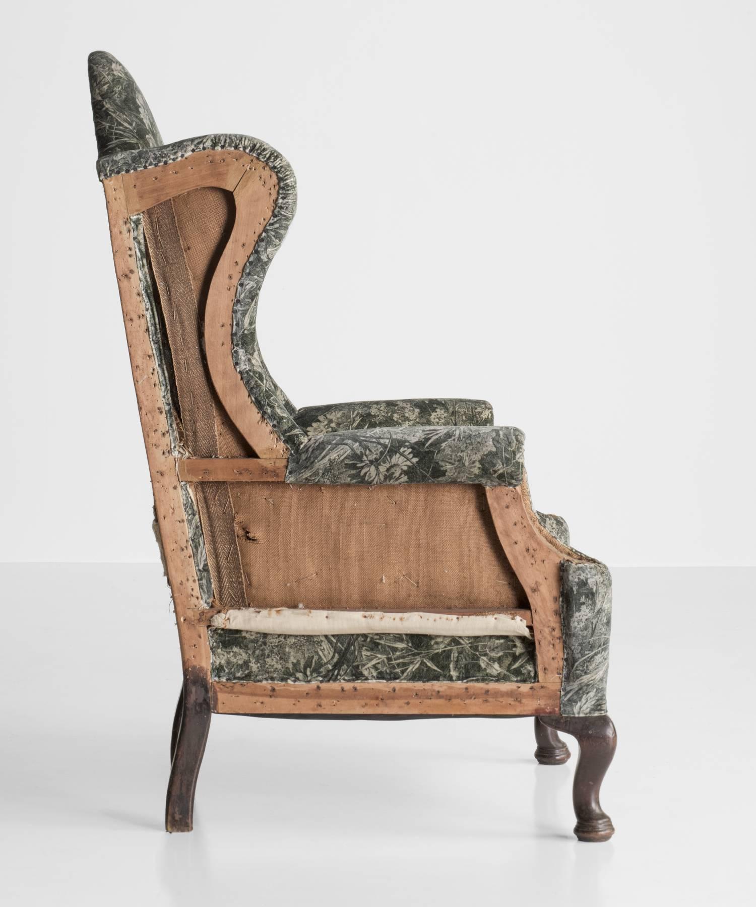 English Victorian Velvet and Wood Wingchairs, circa 1890
