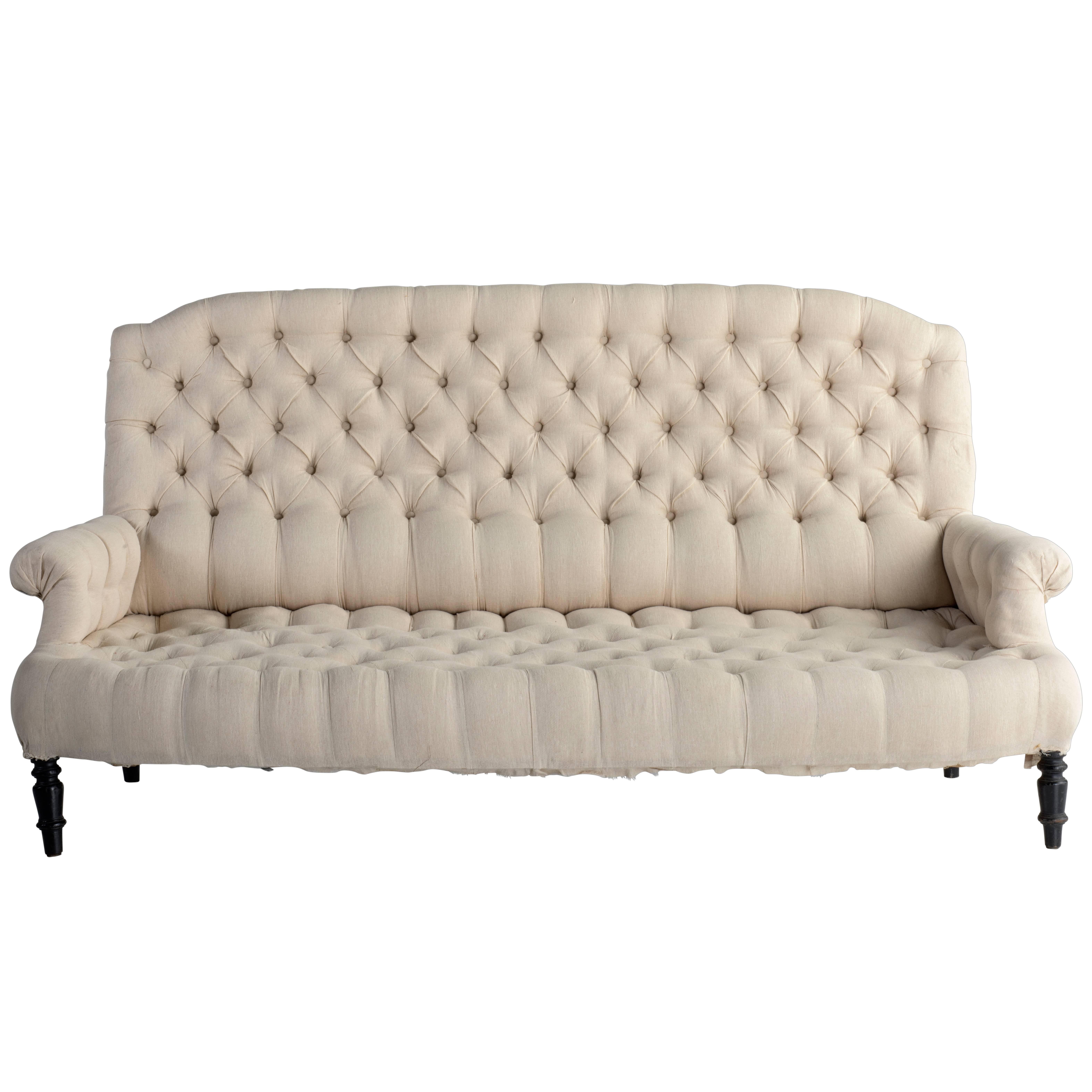 French Linen Button Back Sofa, circa 1900