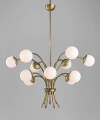 Brass and Opaline Glass Globe Chandelier, circa 1960