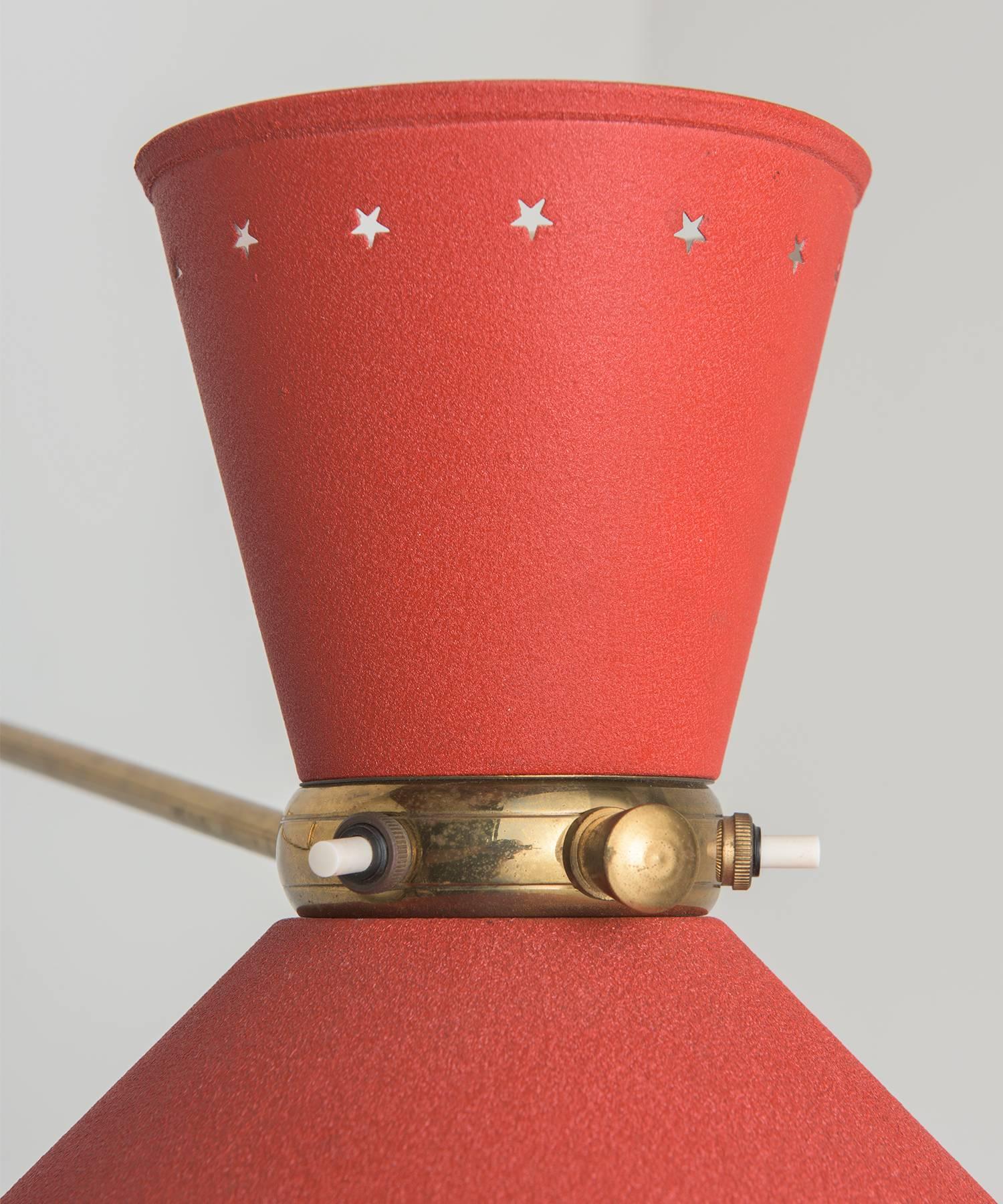Red Swing Arm Wall Sconce by Rene Mathieu, circa 1950 In Excellent Condition In Culver City, CA