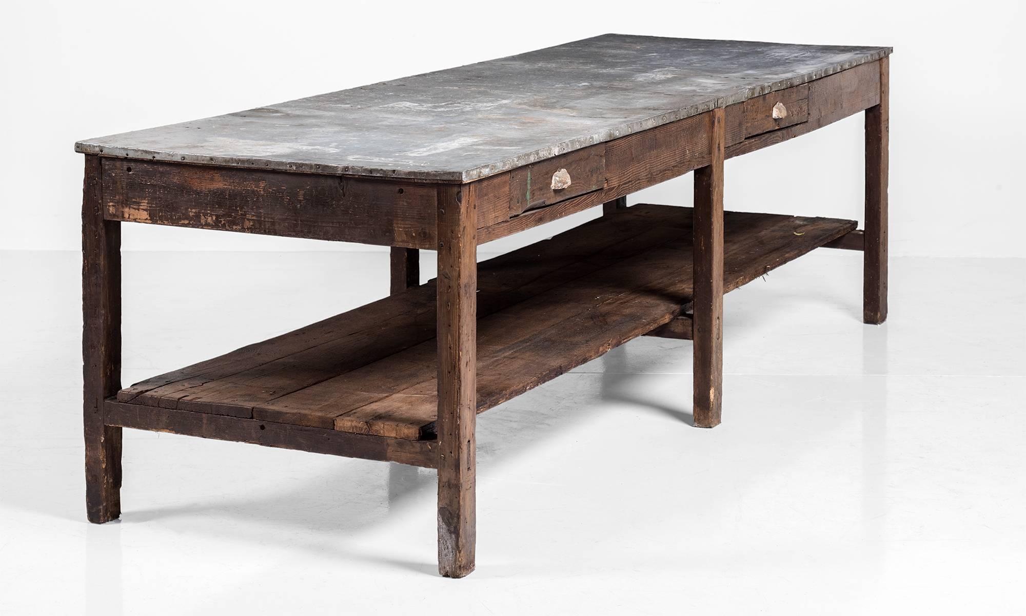 French Zinc Top and Pine Work Table, circa 1900