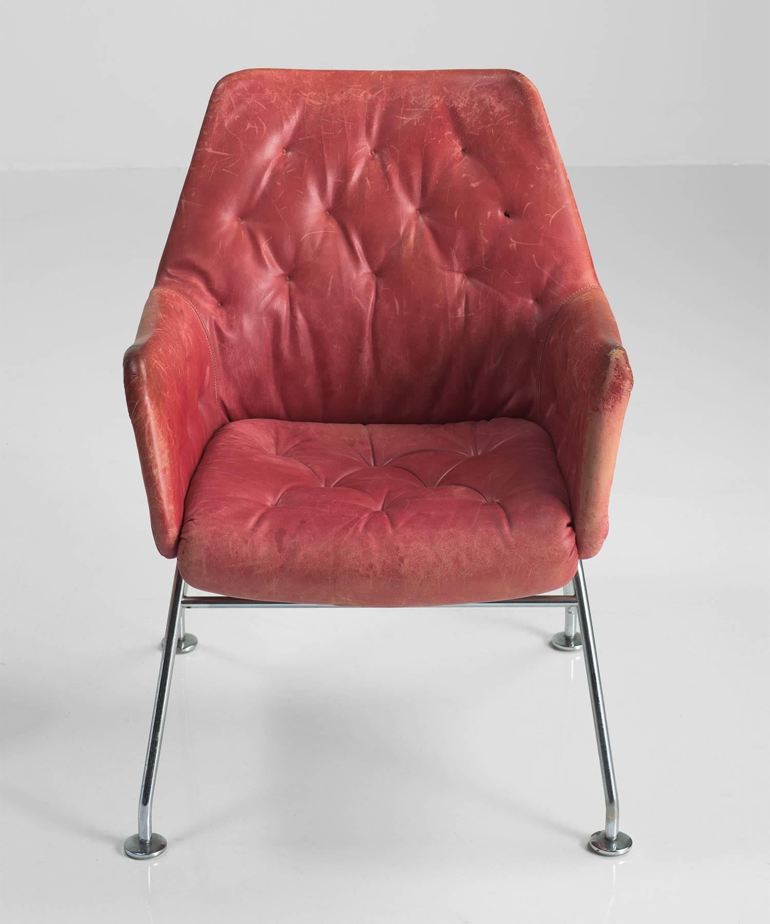 Swedish Red Leather Armchairs by Bruno Mathsson, circa 1960