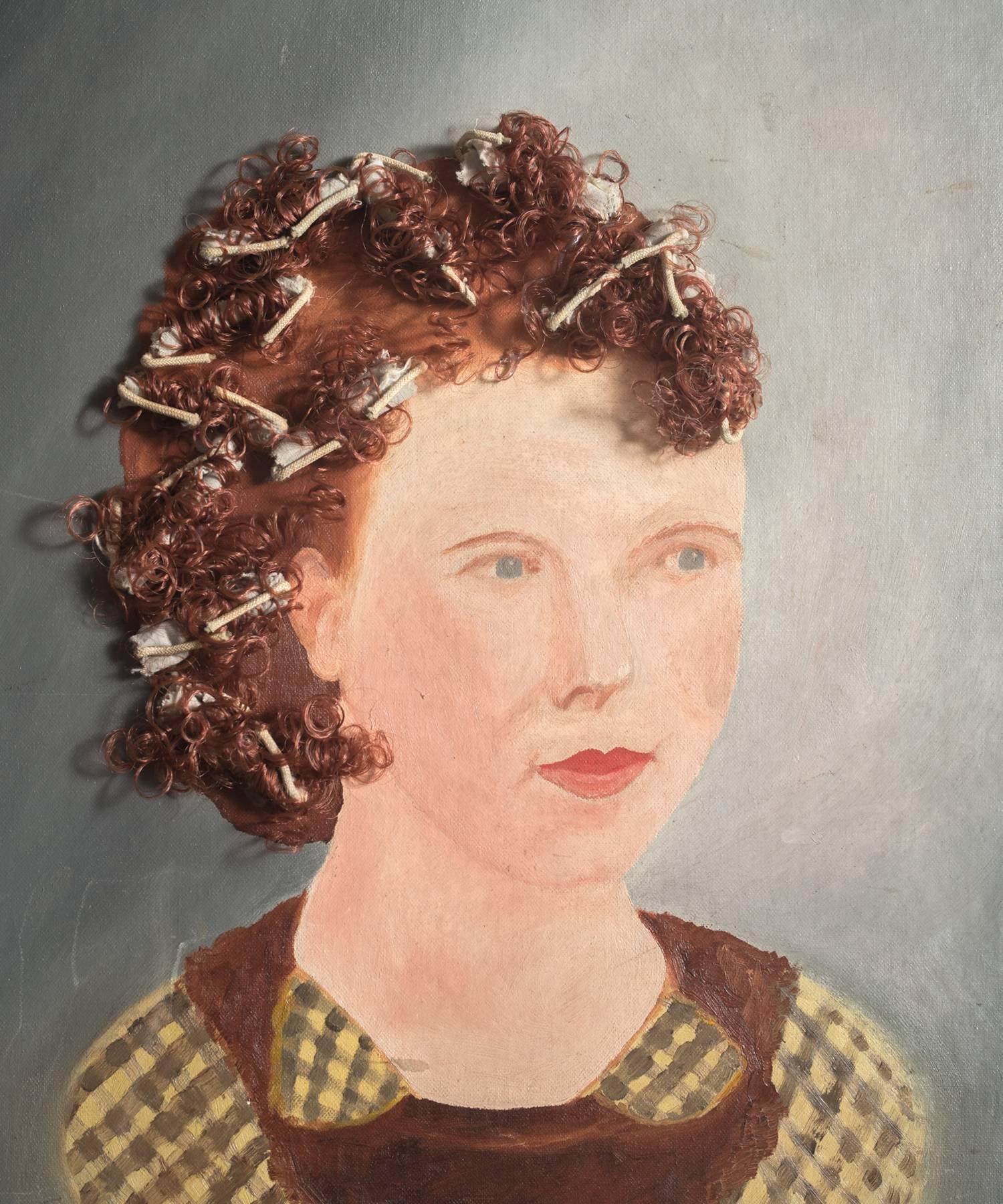 Painting of a woman with Curlers, circa 1950.

Painting on canvas board panel with applied locks of red hair and rollers.