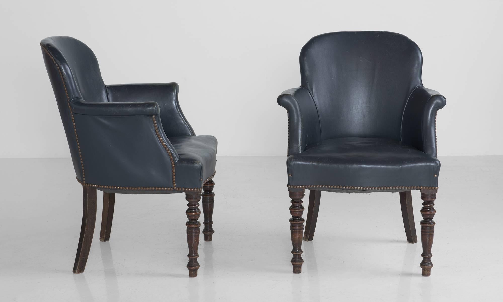 French Pair of Leather Bridge Chairs, circa 1920