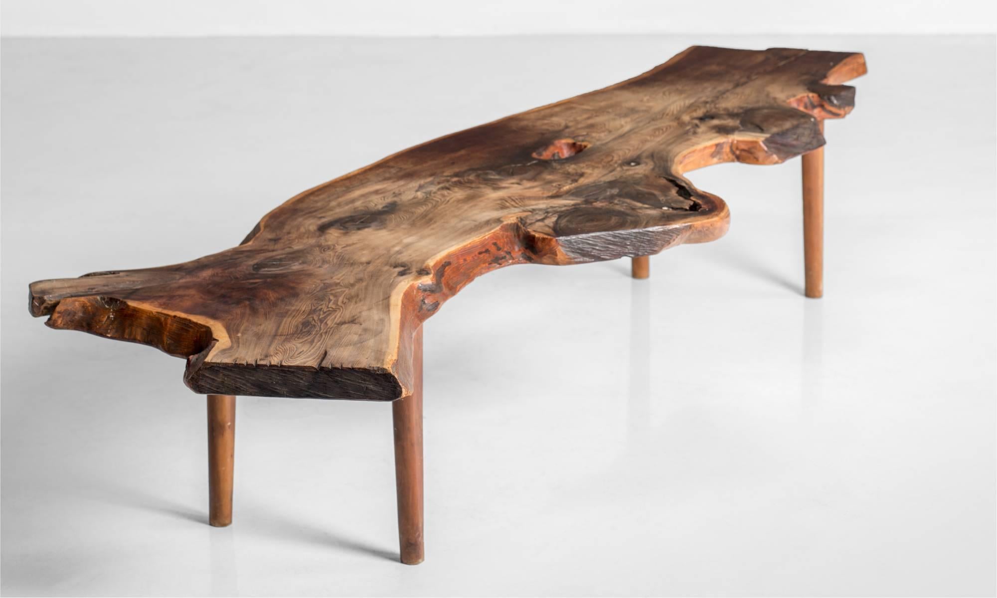 Gorgeous slab top on four simple legs, in the manner of George Nakashima.