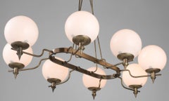 Eight-Globe Opaline Glass and Brass Suspension Chandelier, circa 1950