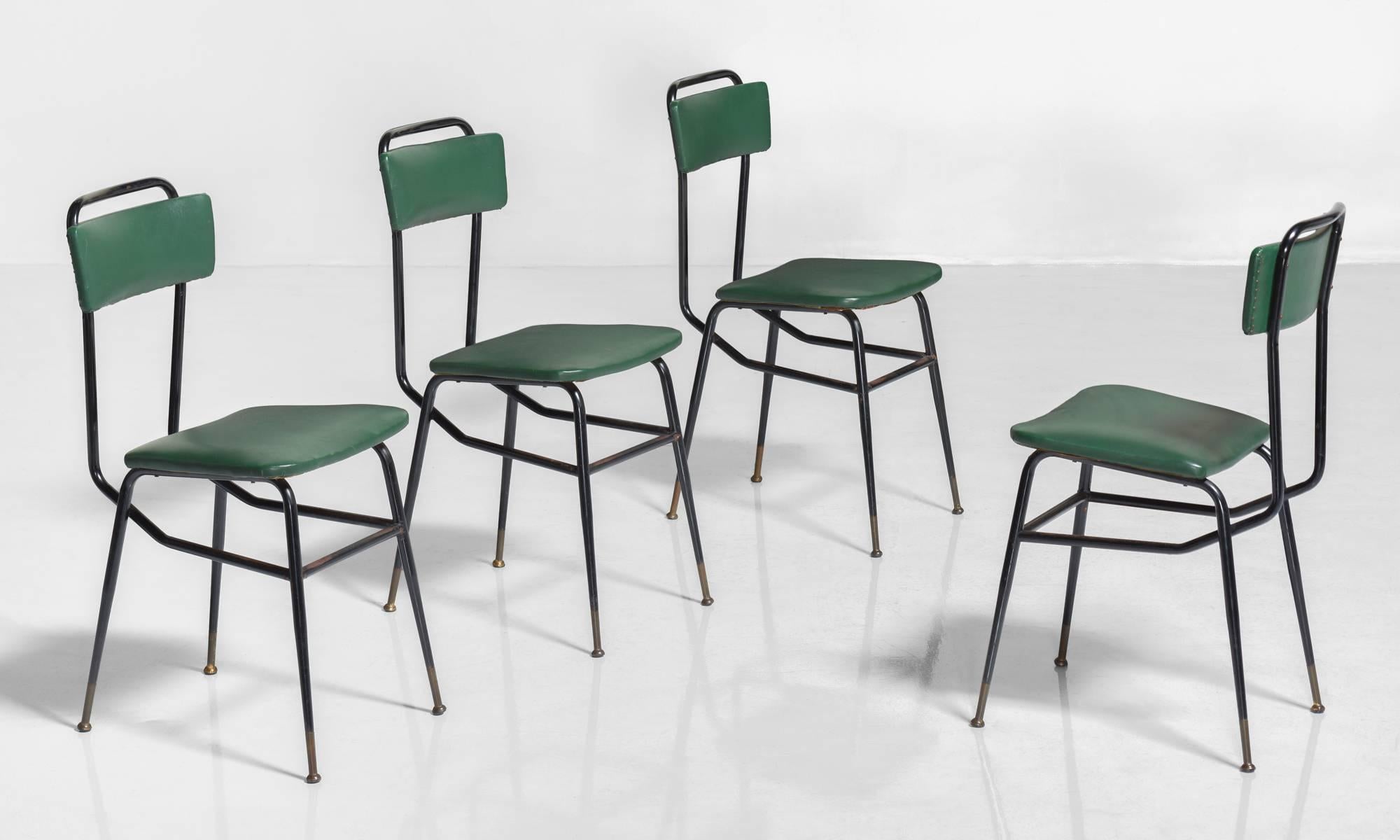 Modern Set of Six Black Metal and Army Green Dining Chairs, circa 1950