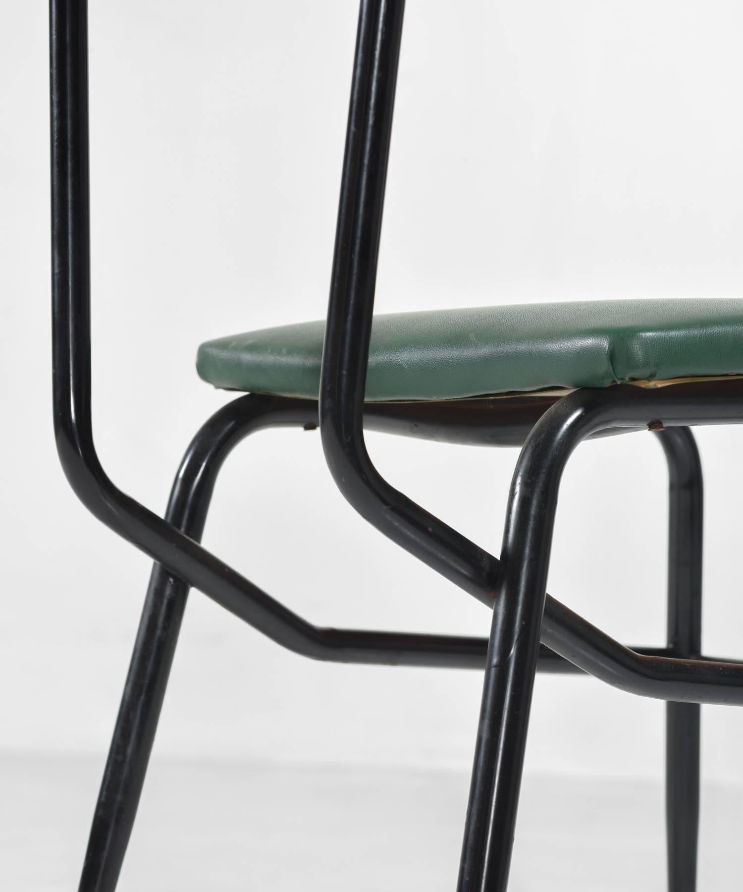 Painted Set of Six Black Metal and Army Green Dining Chairs, circa 1950