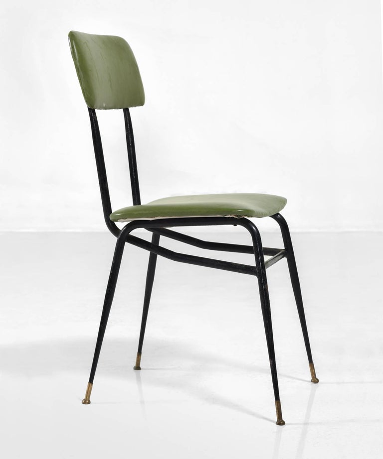 Set of Six Black Metal and Lime Green Vinyl Dining Chairs, circa 1950