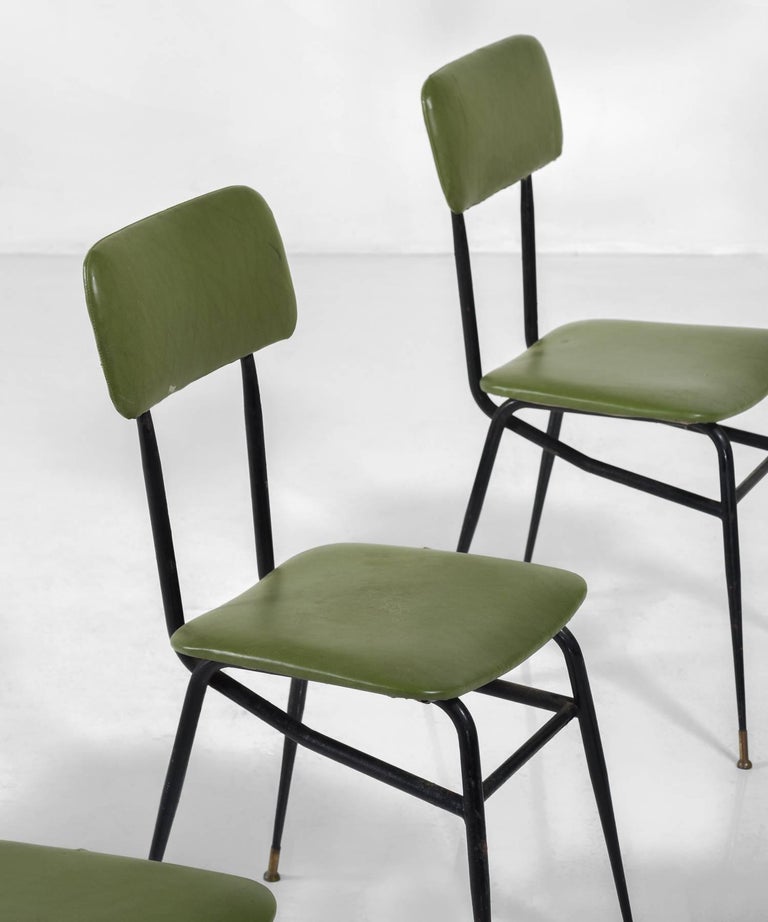 Set of Six Black Metal and Lime Green Vinyl Dining Chairs, circa 1950