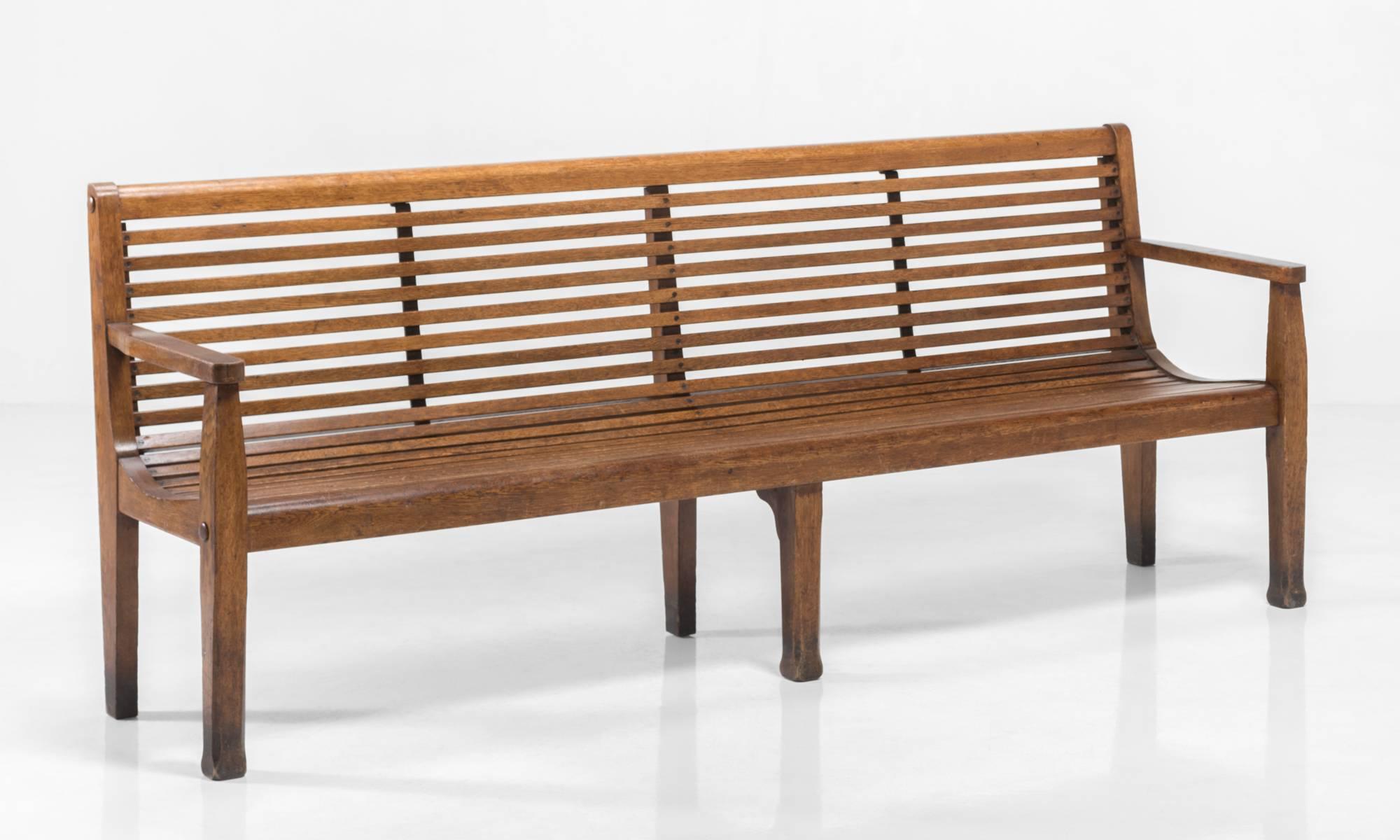 Oak Snooker Bench, England, circa 1890

Slatted oak benches with brass slot head screws, created by Riley's of Accrington.