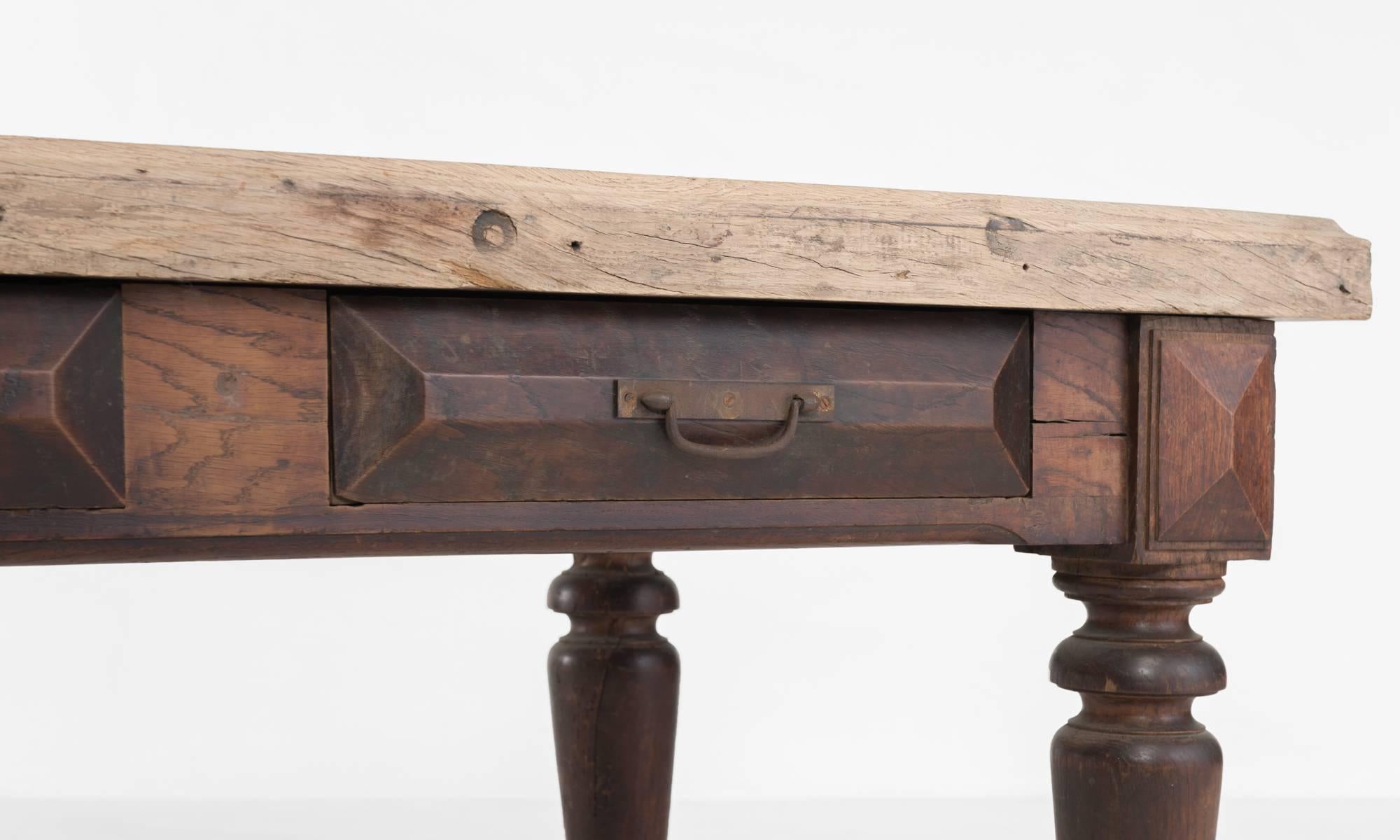 Hand-Crafted French Oak Kitchen Table with Drawers, circa 1790