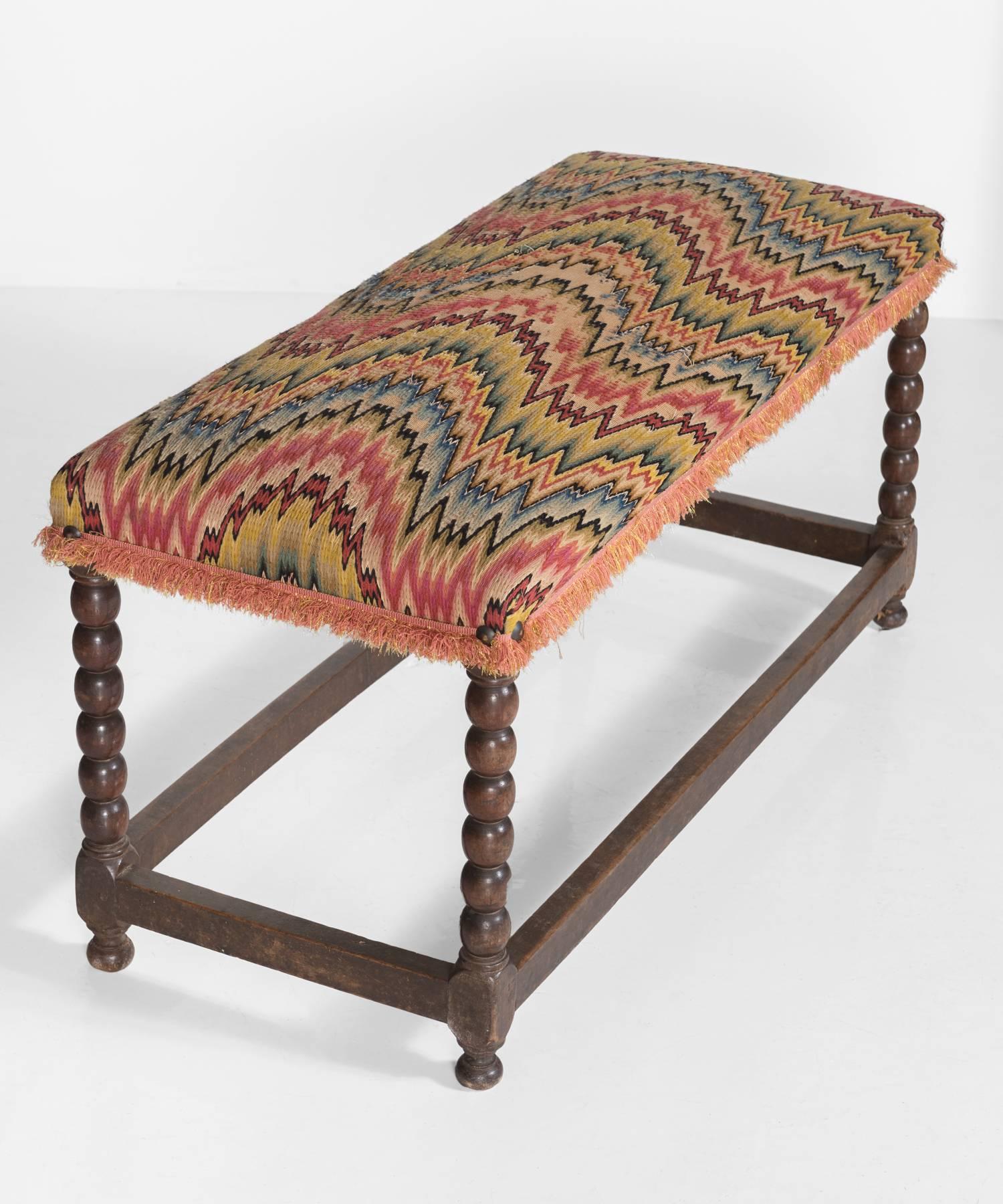 Italian Turned Leg Upholstered Bench, Italy, circa 1910