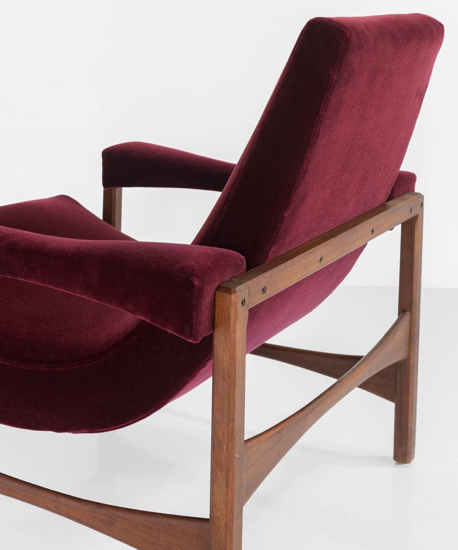 Velvet Italian Sling Arm Lounge Chair, circa 1960