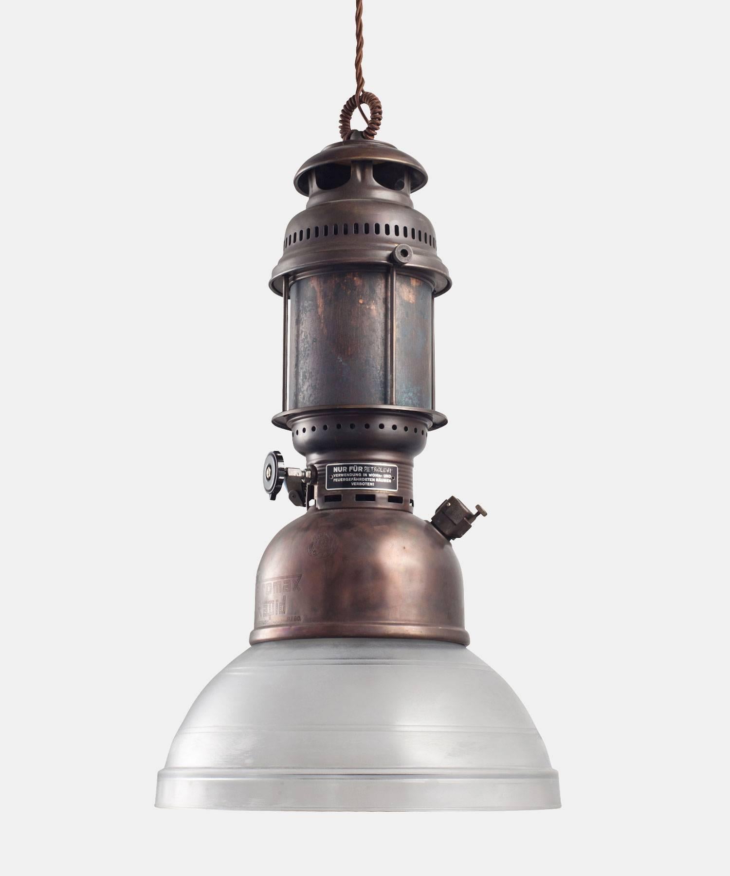 Antique gas light converted to electric, with a frosted glass shade. Industrial era Italian design with 4-week lead time.