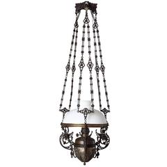 Ornate Bronze Milk Glass Pendant, circa 1880