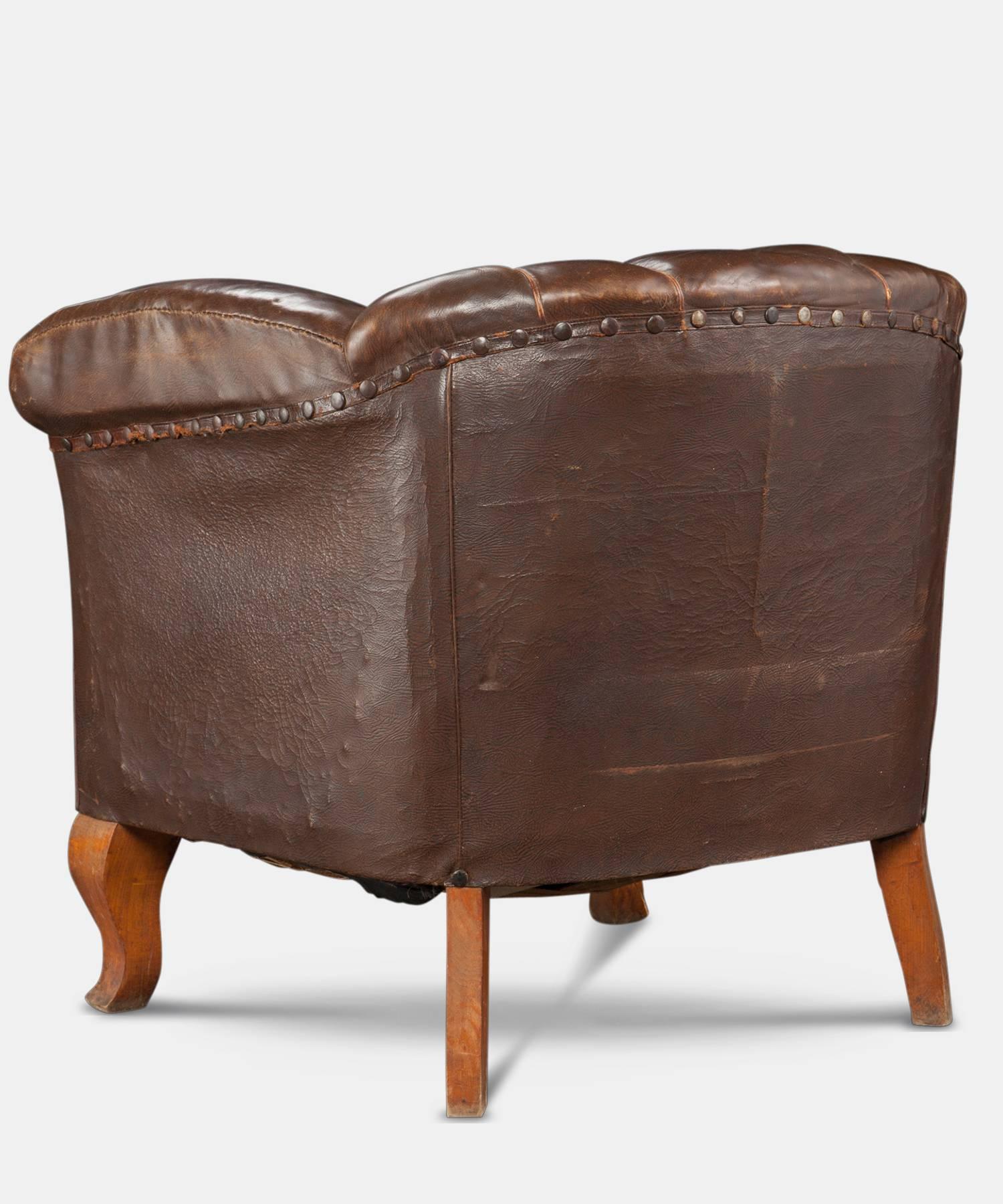 Carved Pair of Leather Deco Club Chairs