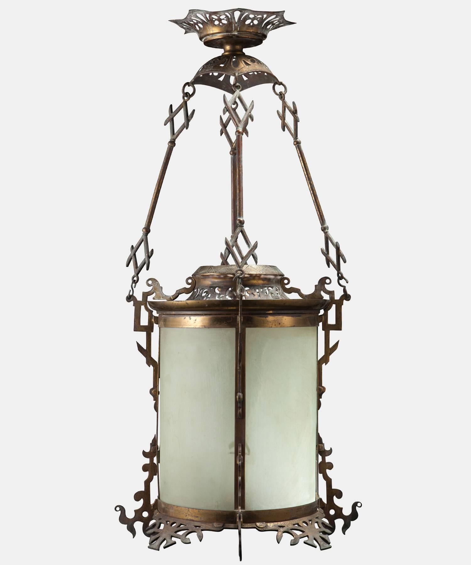 Art Nouveau period lantern. Ornate brass frame with frosted glass panels.