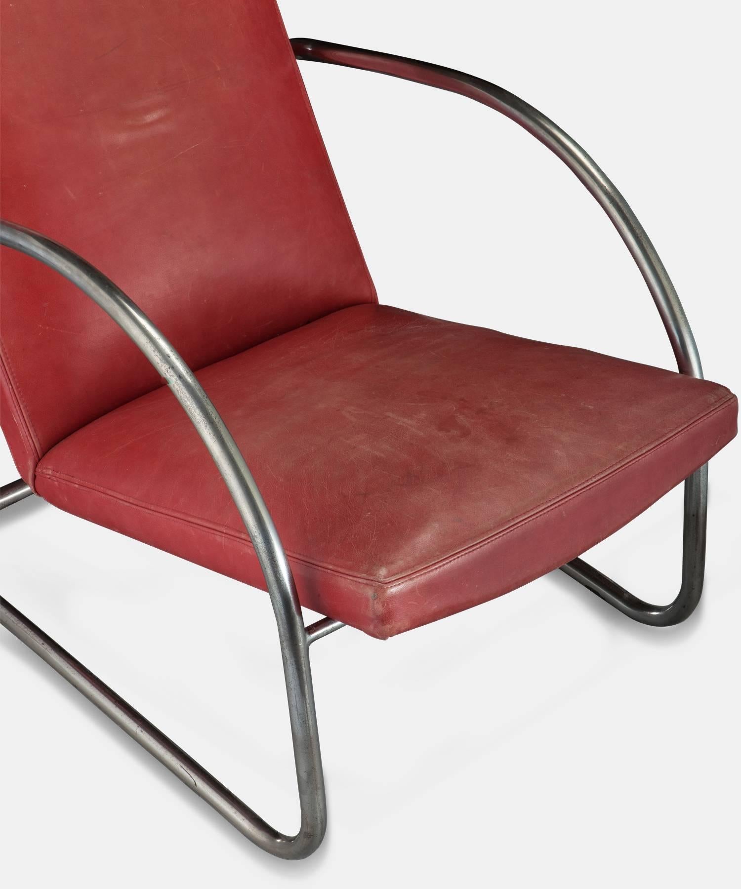 French Chrome and Red Leather Lounge Chair, France, circa 1950