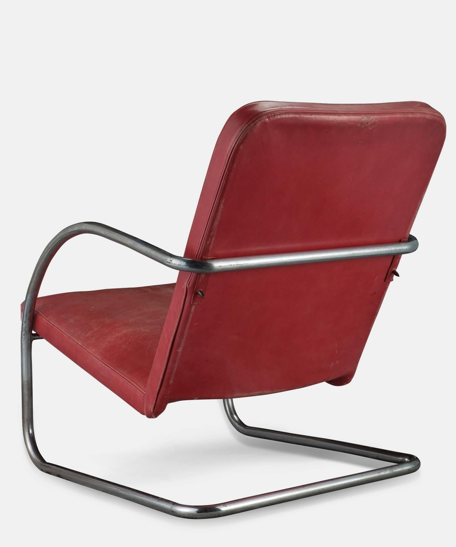 Mid-Century Modern Chrome and Red Leather Lounge Chair, France, circa 1950