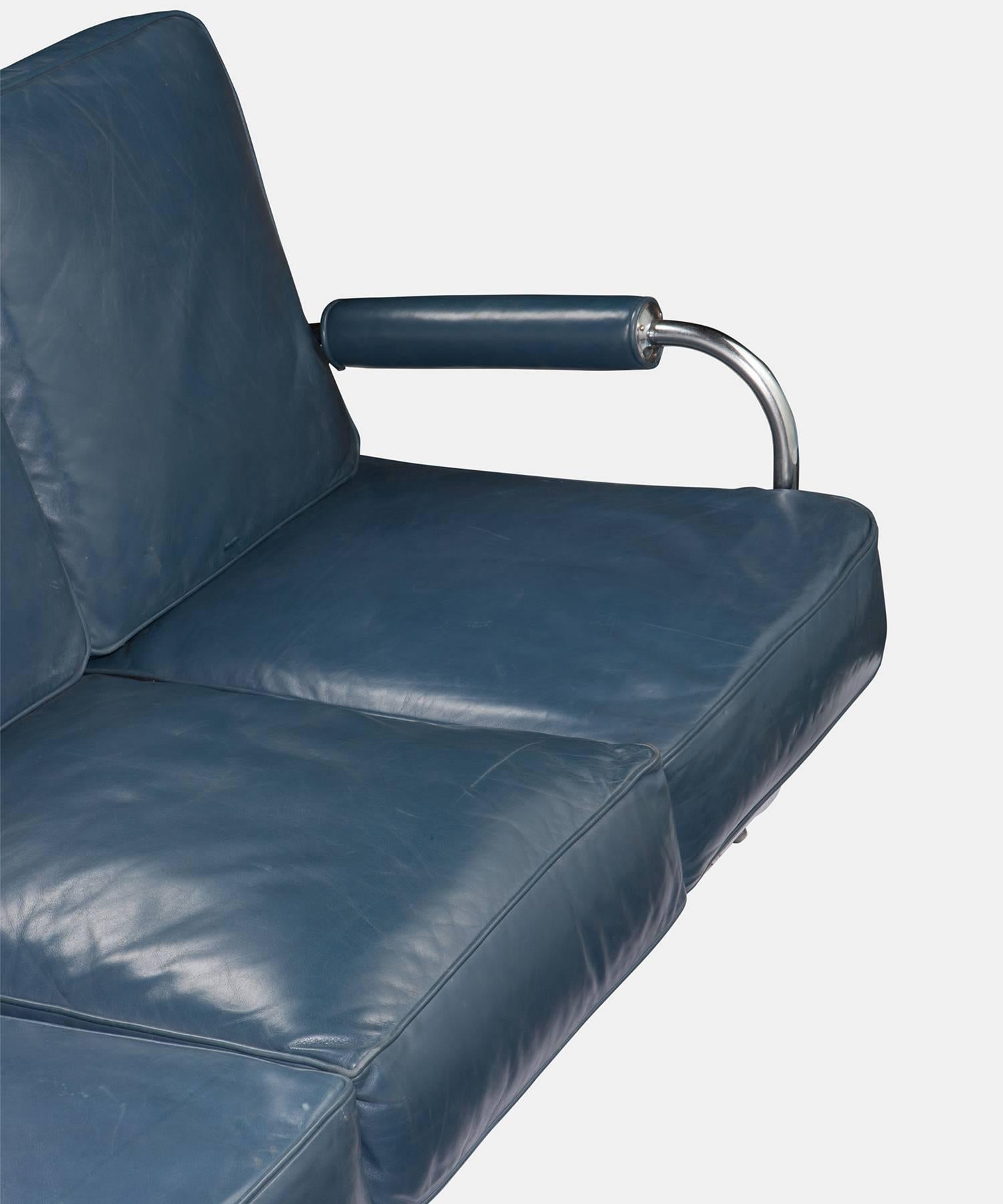 English Blue Leather Chrome Sofa