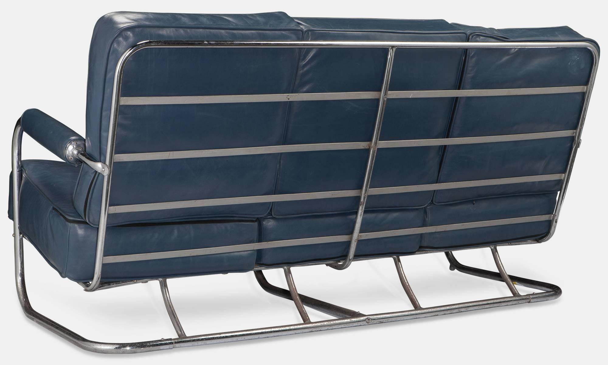 Modern Blue Leather Chrome Sofa