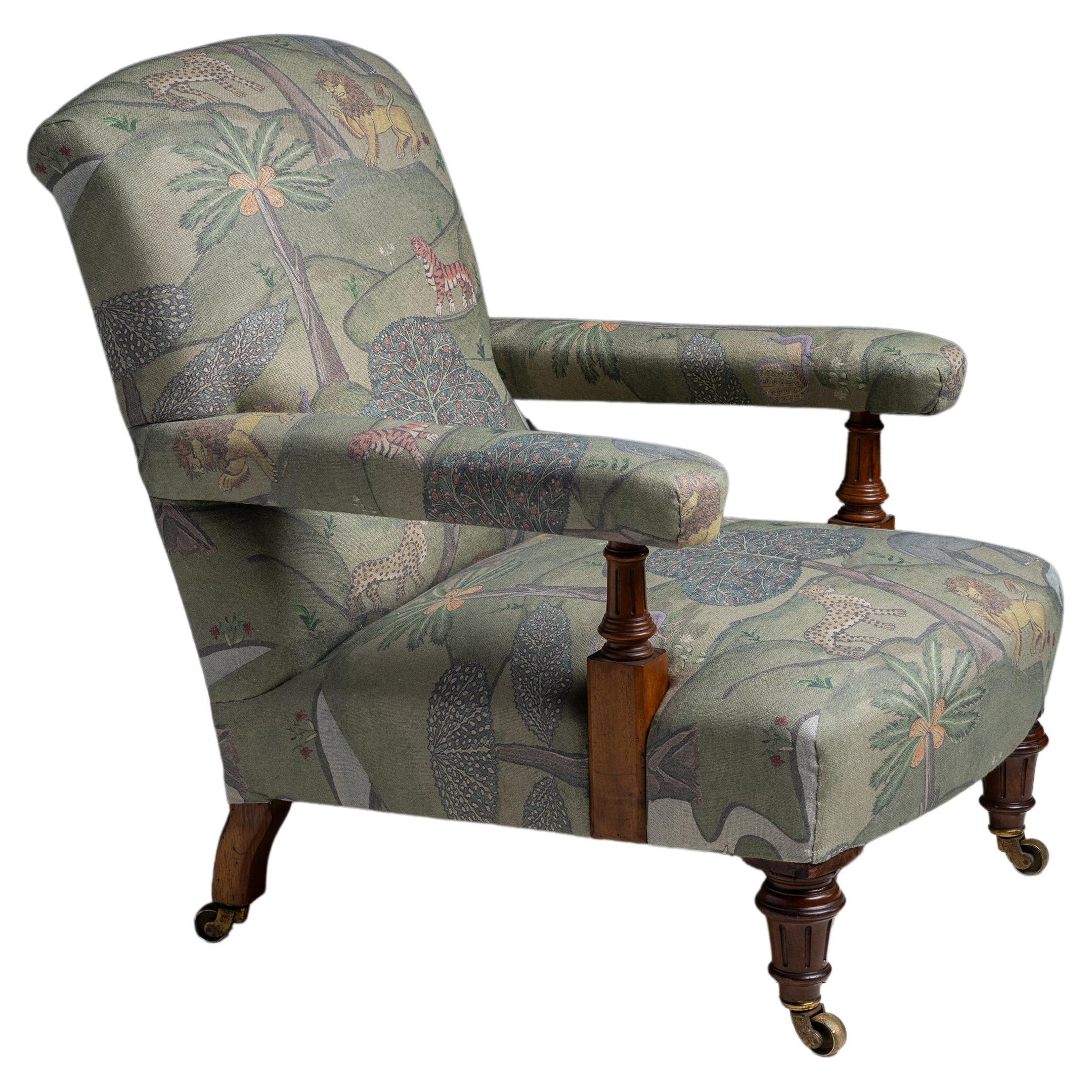 Open Arm Library Chair in linen fabric by James Malone, England circa 1910 For Sale