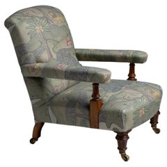 Antique Open Arm Library Chair in linen fabric by James Malone, England circa 1910