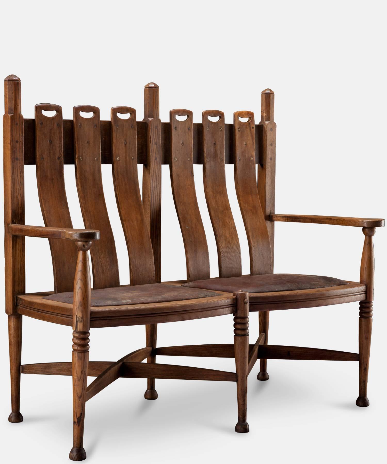 George Walton Oak Settle, England, circa 1905

Oak settle designed by George Walton, produced by William Birch of High Wycombe and retailed by Liberty of London. Incredible original condition, with original brown leather seat squabs.