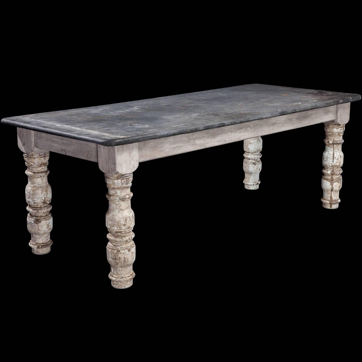 Beautiful slate-top table, with original period paint on base and impressive turned legs. Originally used for making cheese.