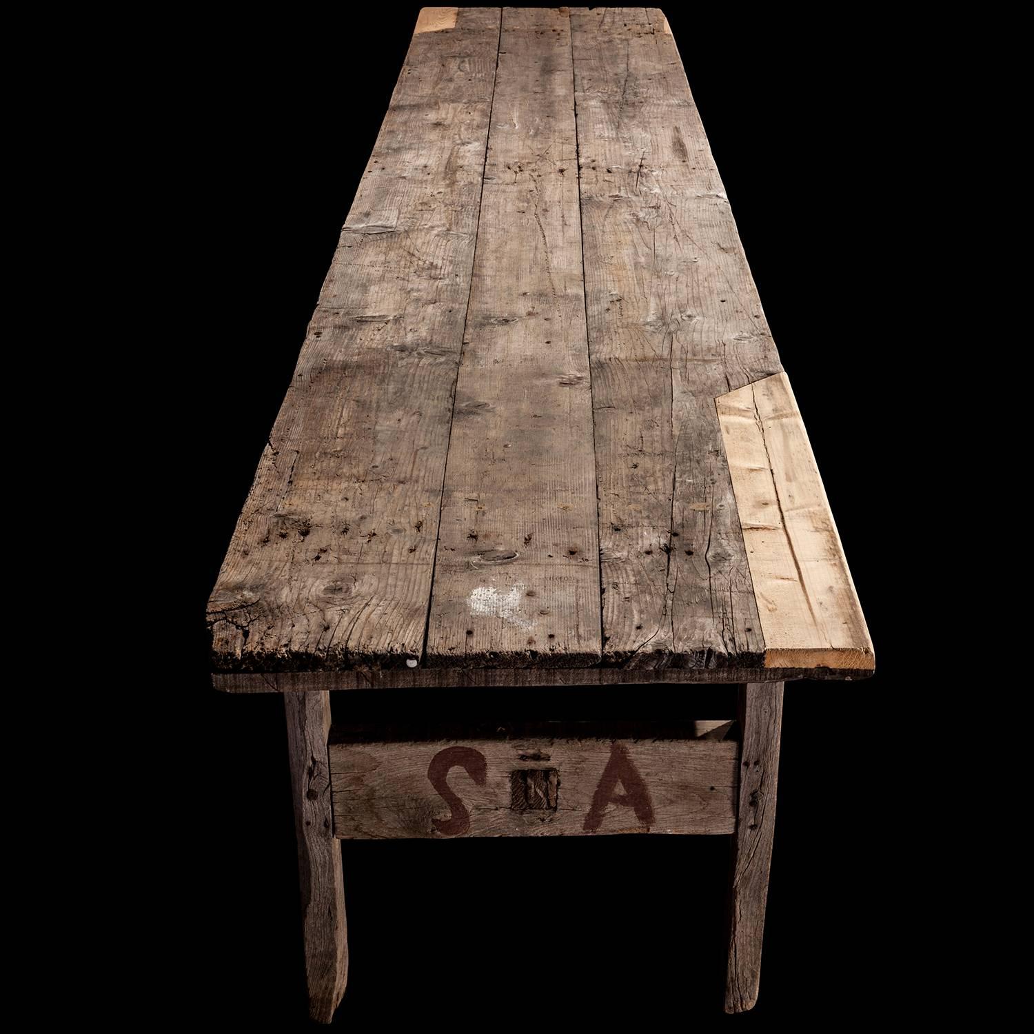 Pine Industrial Work Table, circa 1880 In Distressed Condition In Culver City, CA
