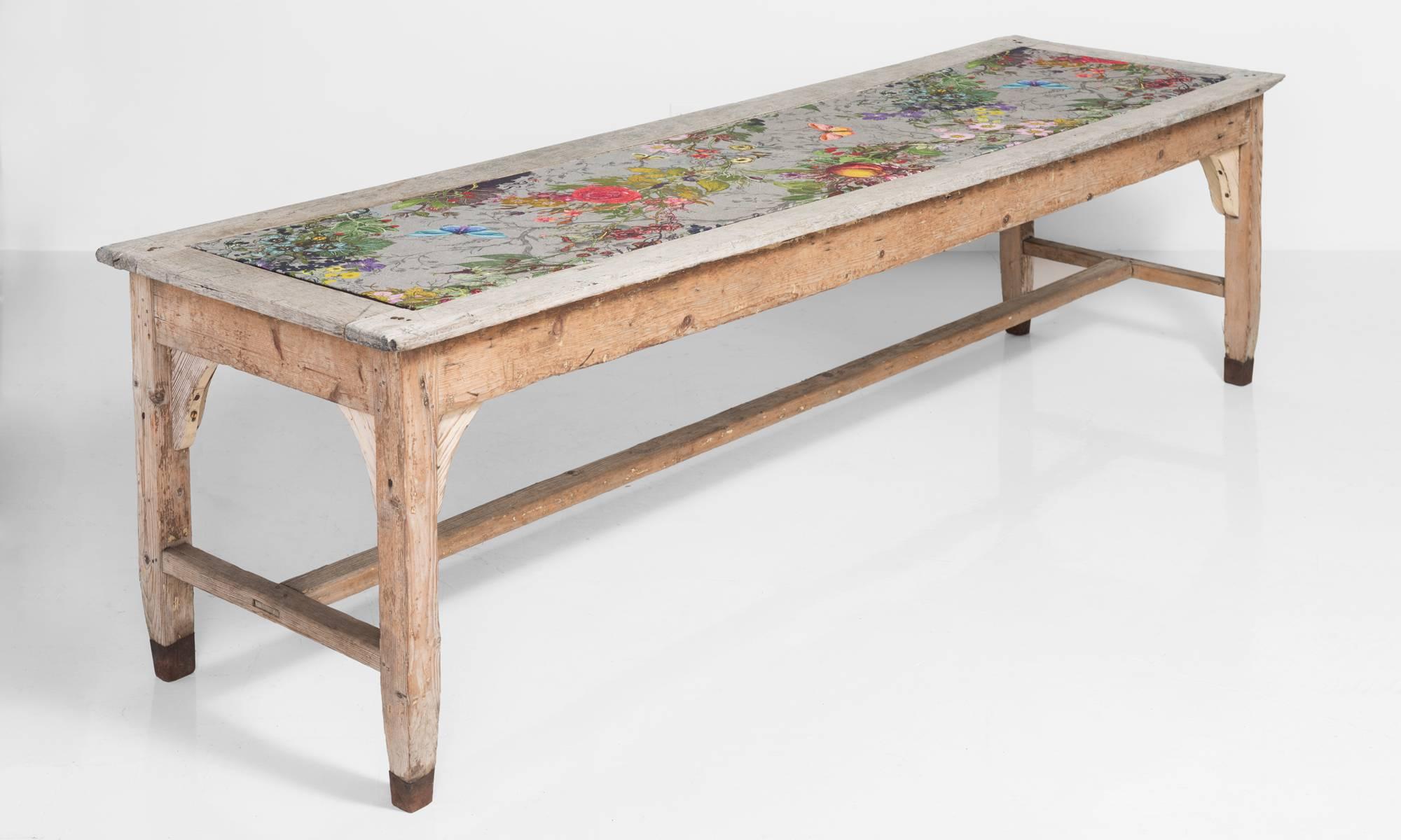Upholstered Top, Oak and Pine Dining Table, circa 1880

Inset metal top upholstered in floral Timorous Beasties fabric on pine surround and pine base.