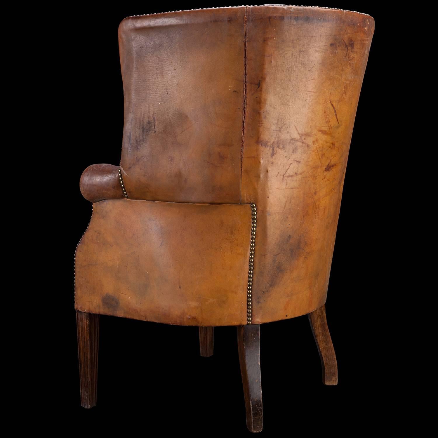 English Barrel Back Leather Wing Chair