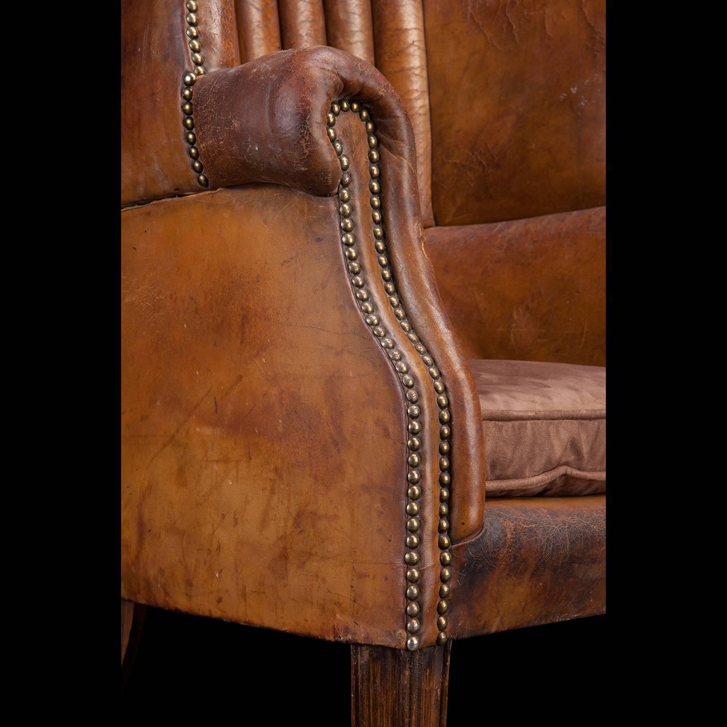 Barrel Back Leather Wing Chair In Good Condition In Culver City, CA