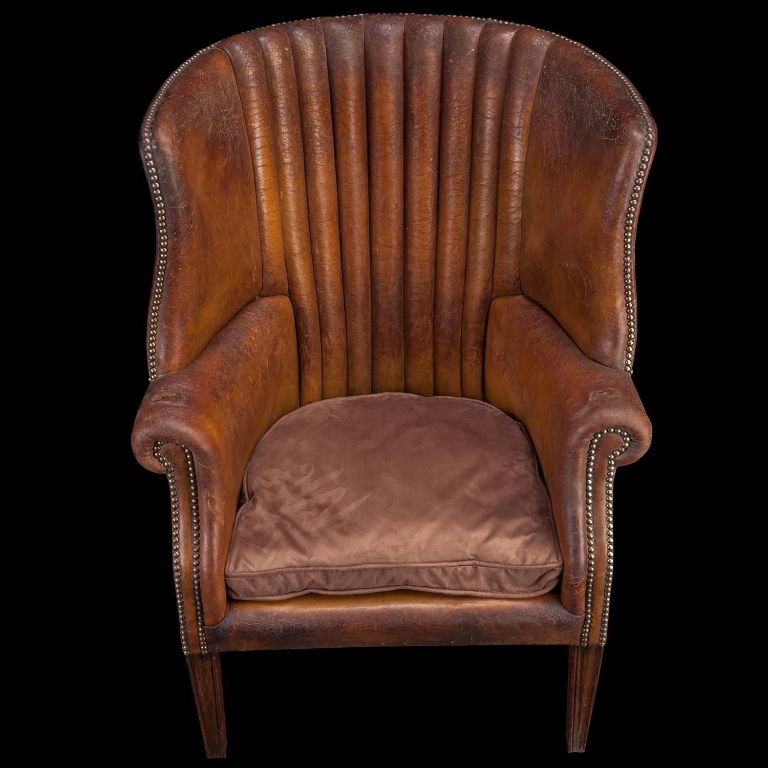 Edwardian Barrel Back Leather Wing Chair