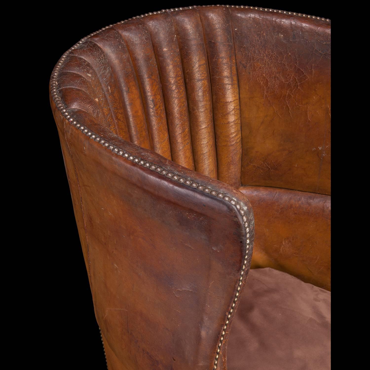 Early 20th Century Barrel Back Leather Wing Chair