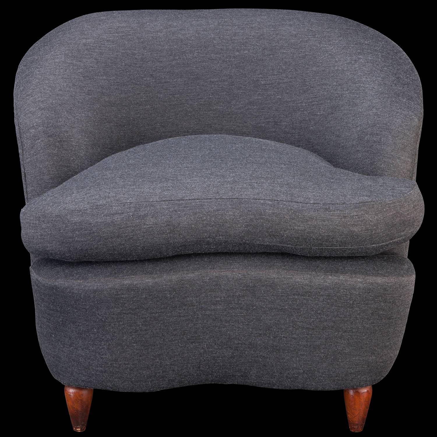 Newly upholstered in grey Romo fabric, with turned legs and feather seat cushions.