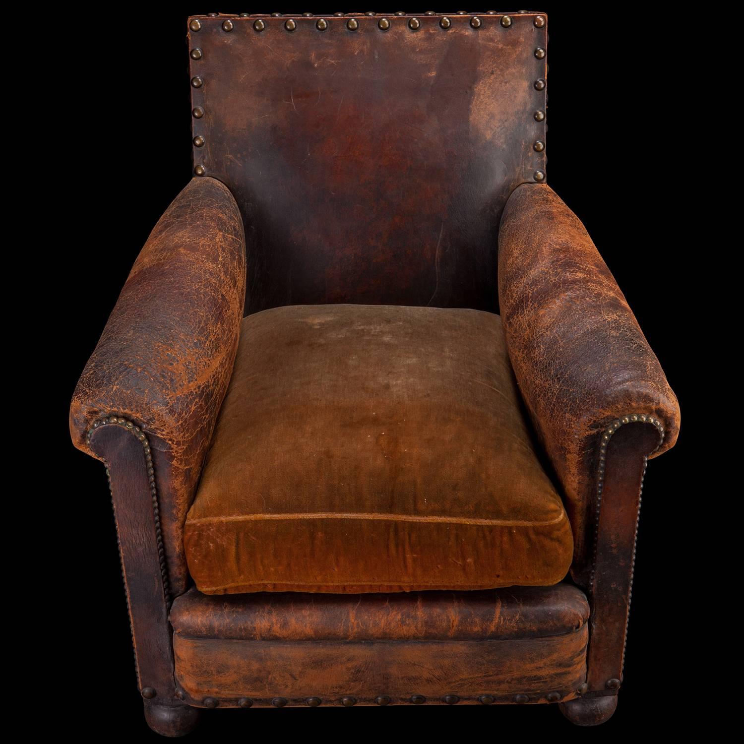 English Leather and Velvet Armchairs