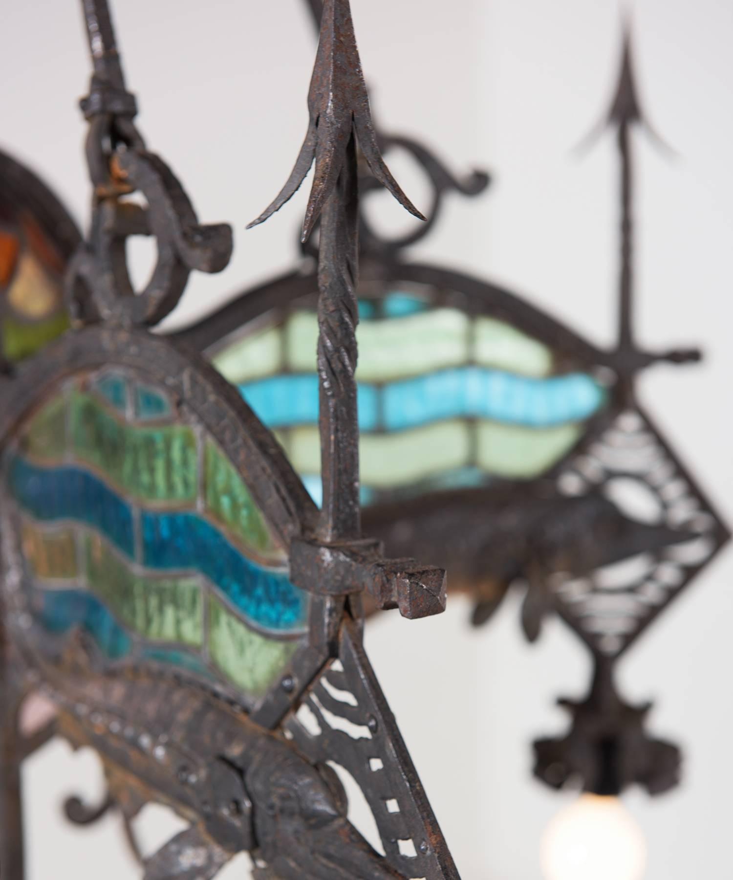 Stained Glass Iron Chandelier In Good Condition In Culver City, CA
