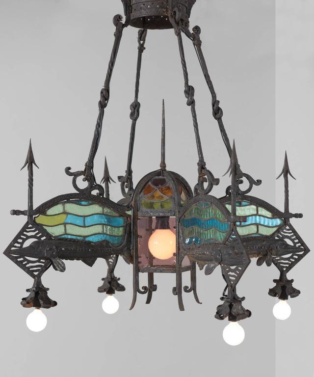 Stained Glass Iron Chandelier at 1stdibs
