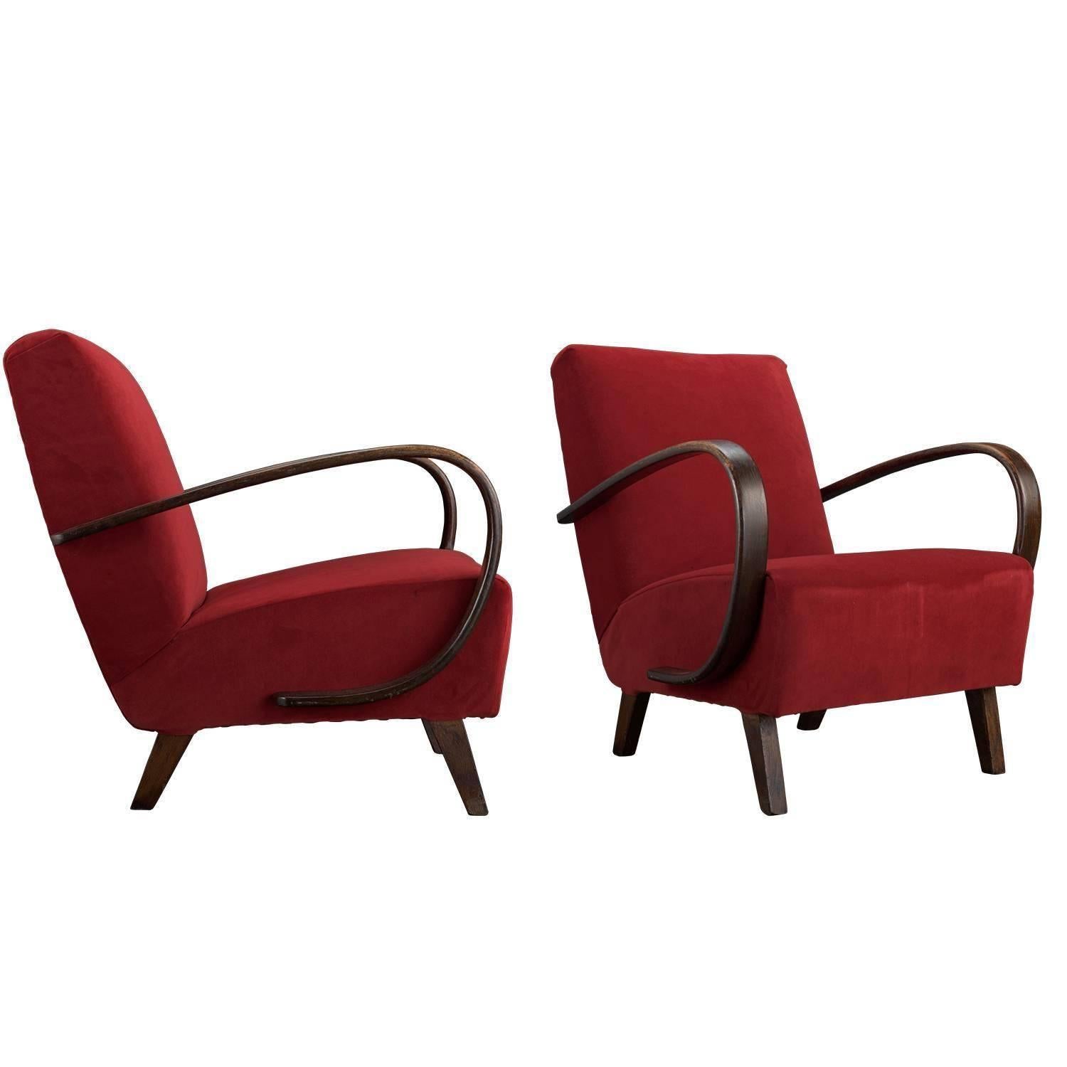 Jindrich Halabala Velvet and Bentwood Armchairs, circa 1930.

$5,800 per pair.

Manufactured by Spojene UP Zavody. Newly reupholstered in colored velvets chosen by Ray Azoulay. Three pairs available. Vermillion, pink, and orange.